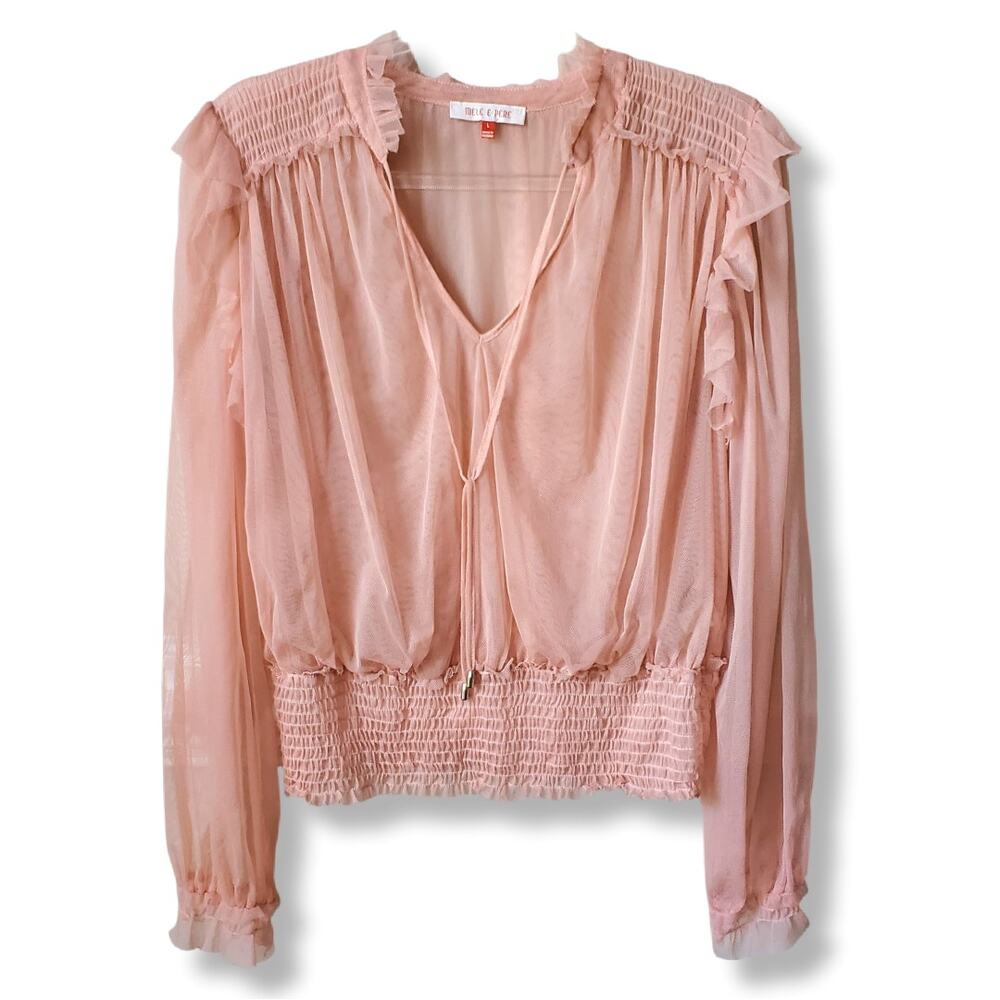 Mele E Pere Pink Sheer Mesh Smocked Top L Fairy Fairy Frilly Coquette Romantic